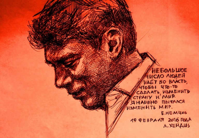 Борис Немцов.Рисунок Л.Хейдиз. Шариковая ручка, бумага. 19 февраля 2016 года.